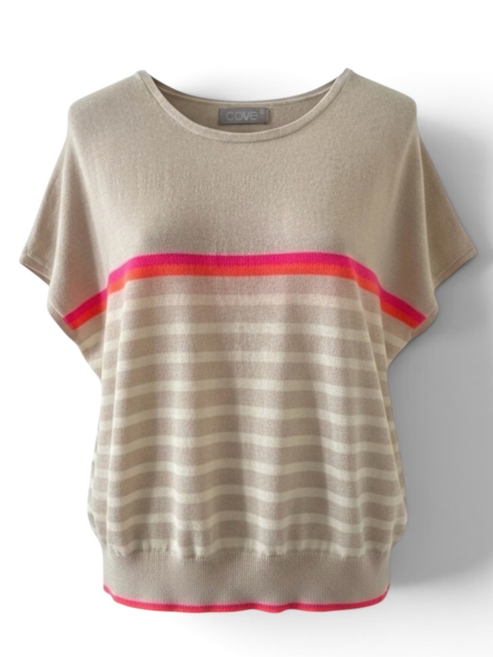Cove Light Tan with Stripes Short Sleeve Wool and Cashmere Knit Sweater Size M/L